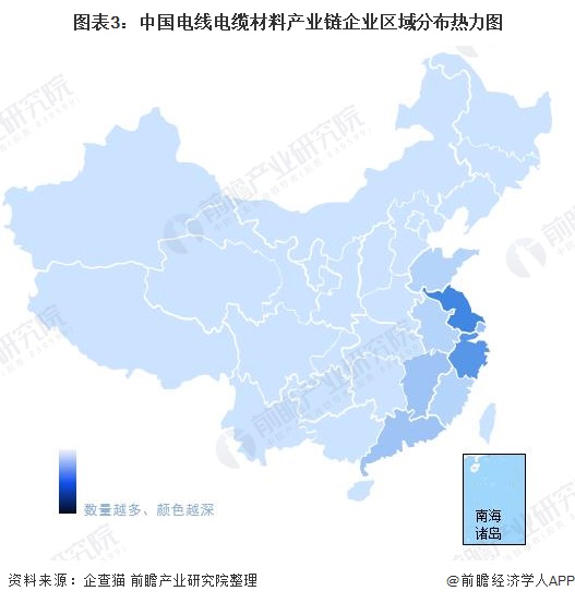 圖表3：中國電線電纜材料產(chǎn)業(yè)鏈企業(yè)區(qū)域分布熱力圖
